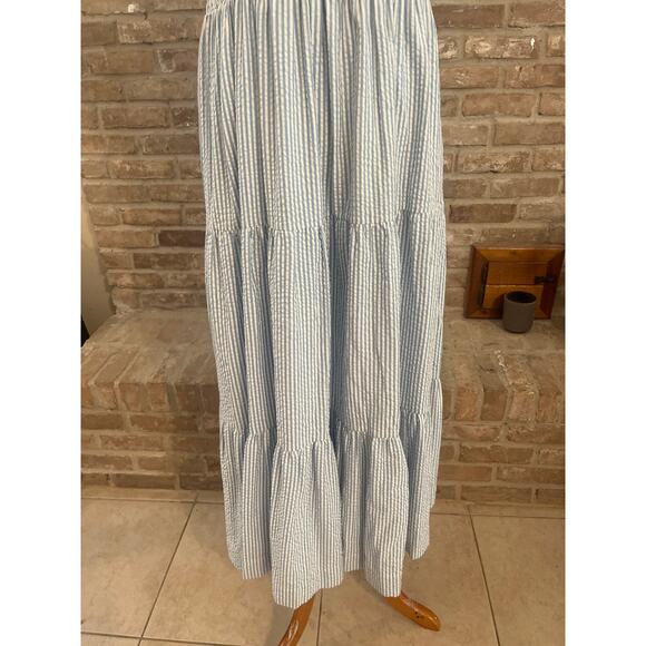 Blue & White Textured Stripe Smocked Flutter Sleeve Dress - Picture 5 of 7